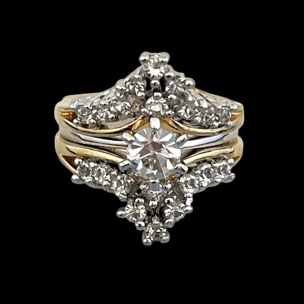 Vintage 1970s Wedding Ring Set Size 7 CZ Bridal Cluster Gold Plated Band - 14R